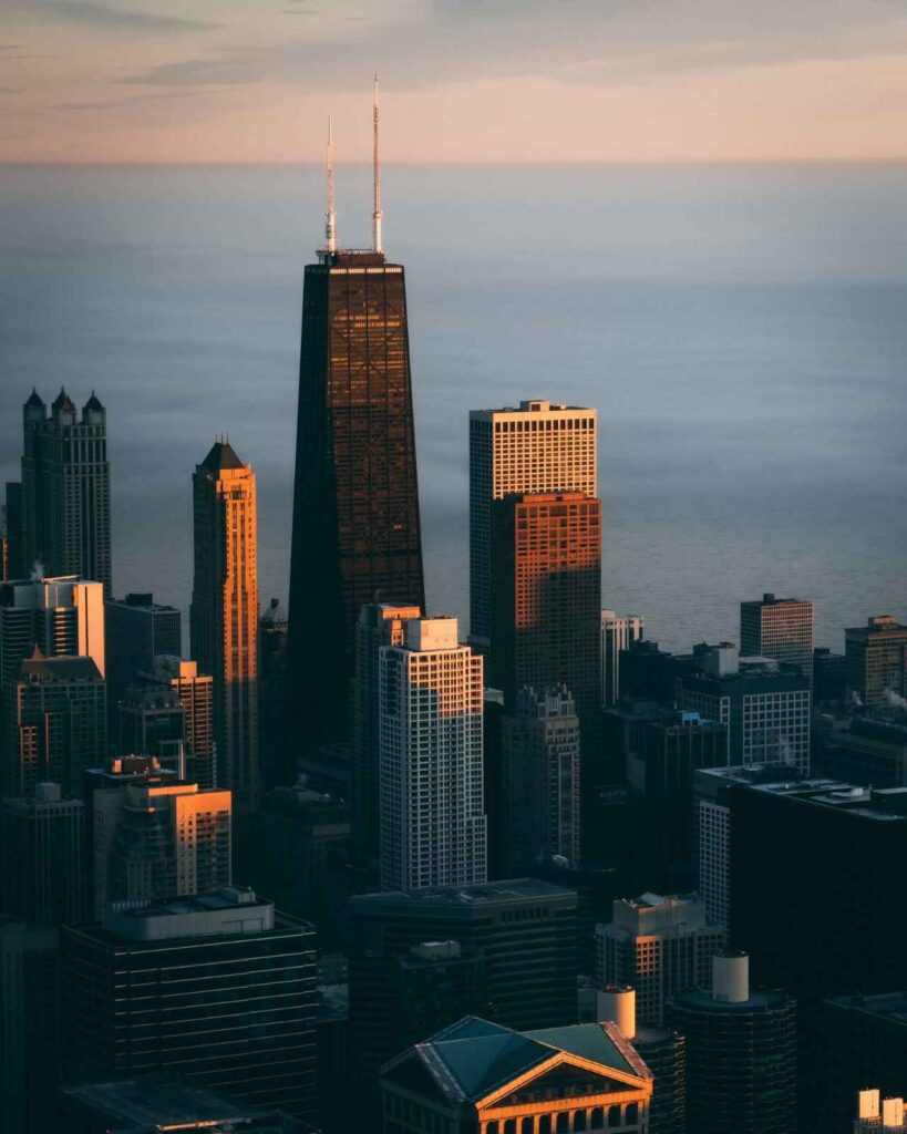 Chicago skyline at sunset with tall skyscrapers