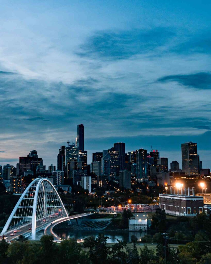 Edmonton skyline with illuminated bridge at night